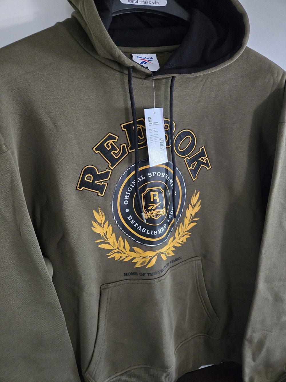 Reebok Men's Olive Green Pullover Hoodie with Embroidered Crest